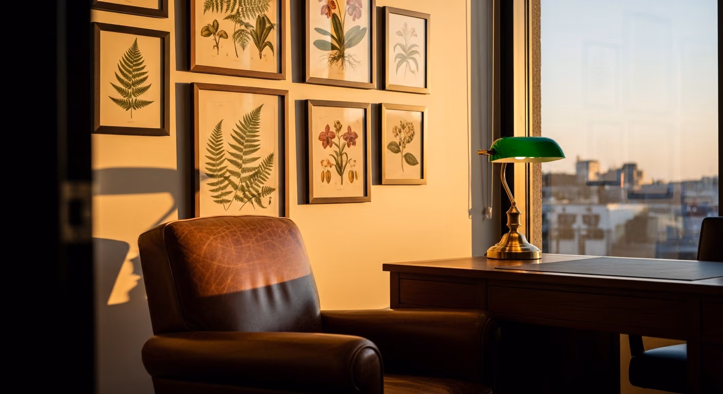 Oficina del propietario encima de un spa, con silla de cuero, lámpara de escritorio de latón, pared decorada con láminas botánicas y luz de atardecer que entra por la ventana.