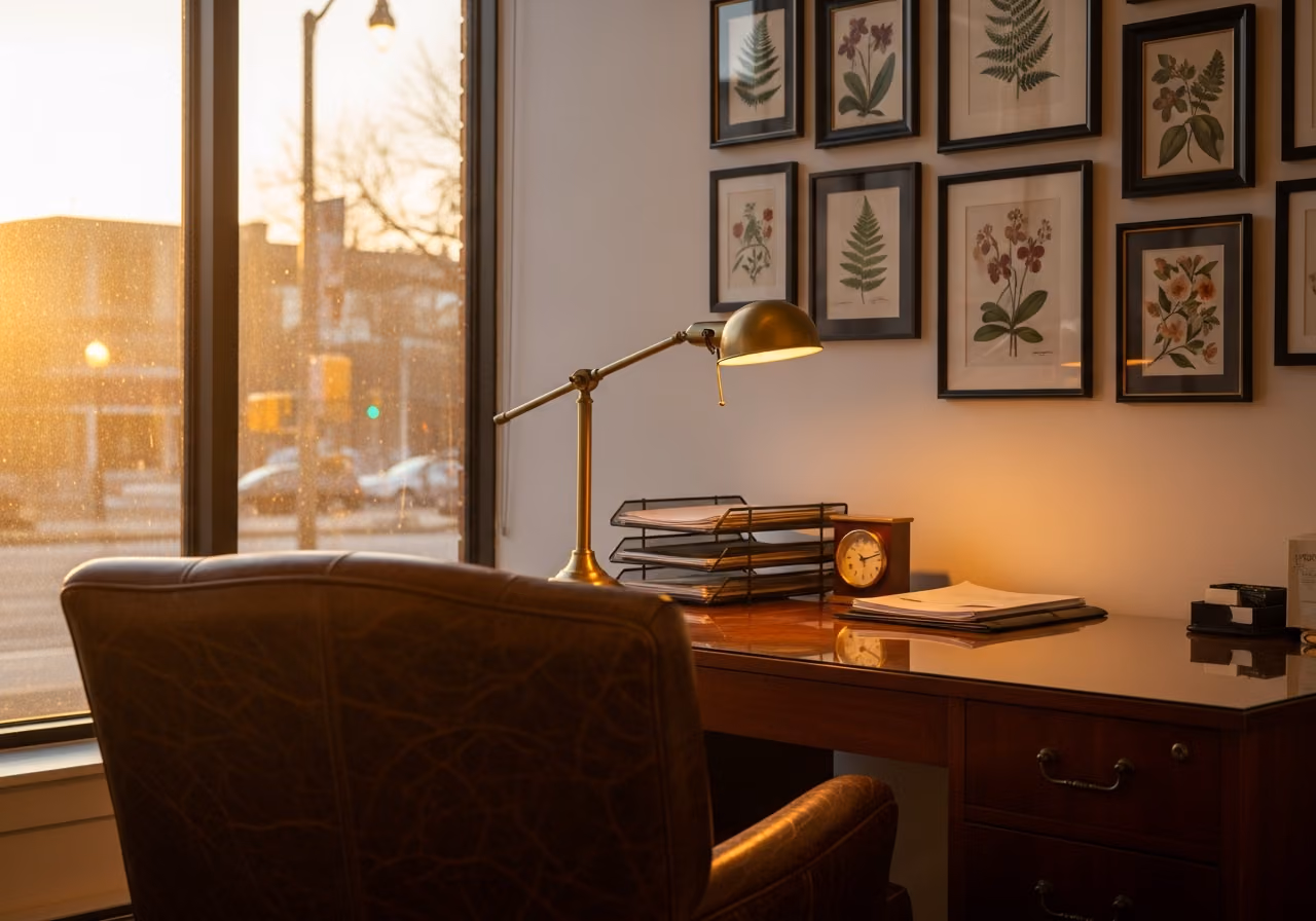 Oficina del propietario encima de un spa, con sillón de cuero y lámpara de escritorio de latón, pared decorada con láminas botánicas y luz de atardecer que entra por la ventana.