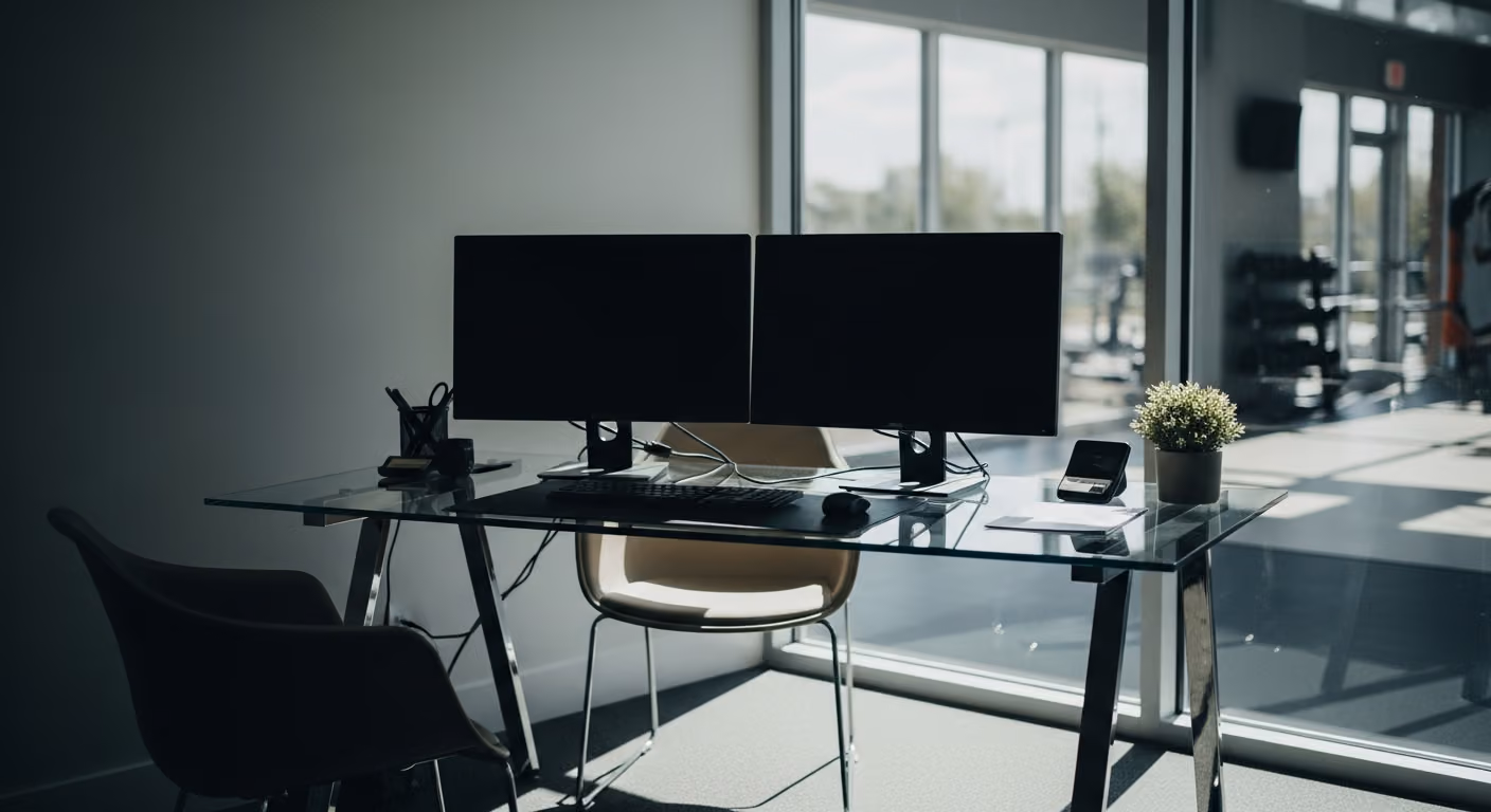 Oficina de ventas de un gimnasio boutique con un elegante escritorio de cristal, dos monitores apagados, vista a través de la ventana a la sala de entrenamiento, luz natural tenue.