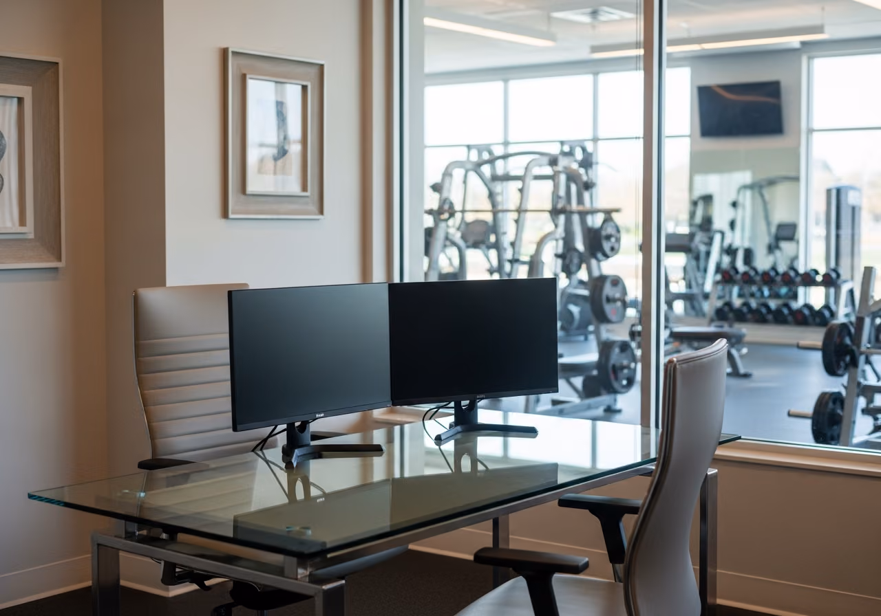Oficina de ventas de un gimnasio boutique con un elegante escritorio de cristal y dos monitores apagados, vista a través de la ventana hacia la sala de entrenamiento, luz natural tenue.