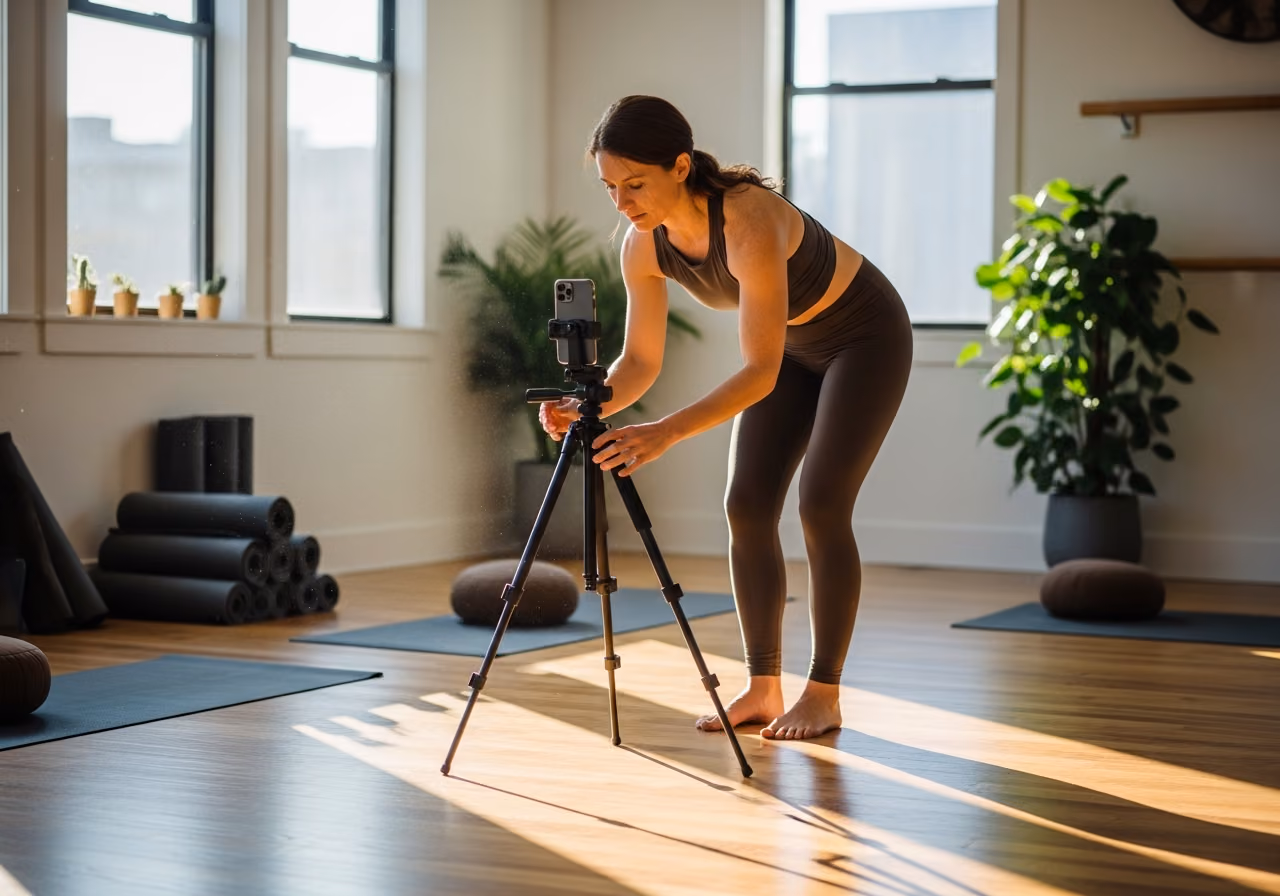 Foto einer Yogalehrerin, die in einem sonnendurchfluteten Studio vor einer virtuellen Yogastunde ein Stativ und ein Handy aufbaut; ungezwungen, ohne Logos, im redaktionellen Stil.