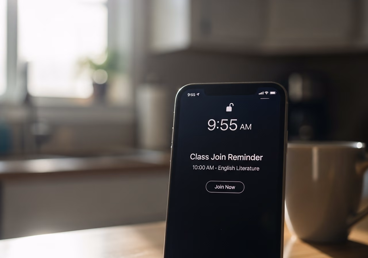 Nahaufnahme eines Smartphone-Sperrbildschirms, die eine Erinnerungsbenachrichtigung für den Unterricht zeigt, bei sanftem Morgenlicht in einer Küche, keine Gesichter.