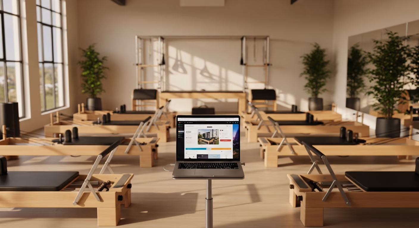 Estudio de pilates híbrido con máquinas reformer, ordenador portátil sobre un soporte orientado hacia la cámara, luz natural suave y plantas de ambiente.