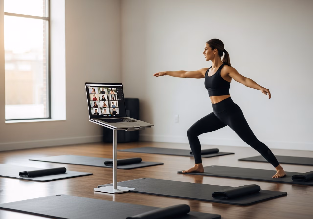 Foto einer Pilates-Lehrerin, die eine Stunde leitet; auf einem Stativ steht ein Laptop mit Zoom-Rasteransicht; im Vordergrund sind die Studiomatten zu sehen; es sind keine Logos vorhanden.