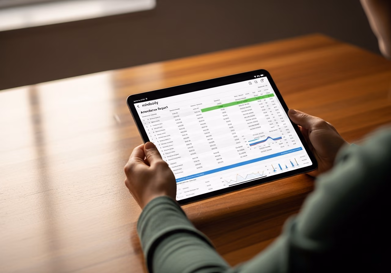 Foto eines sauberen Mindbody-Anwesenheitsberichts auf einem Tablet, das von einem Studiobesitzer gehalten wird, warmer Holzschreibtisch, sanftes Tageslicht, keine Gesichter.