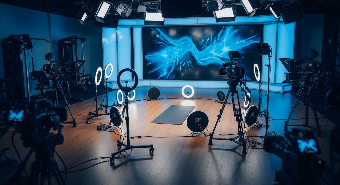 Estudio de transmisión moderno dentro de un gimnasio con múltiples ángulos de cámara sobre una esterilla de yoga, luces anulares, una pared con monitores al fondo y luz ambiental fría.