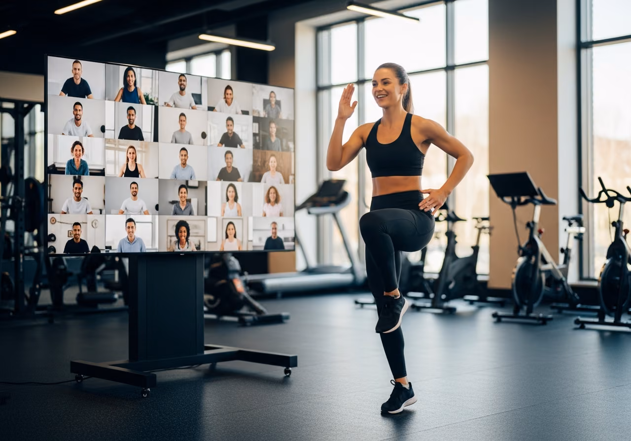 Foto eines Fitnesstrainers, der vor einem großen Bildschirm eine virtuelle Unterrichtsstunde leitet. Zu sehen ist ein Raster mit Teilnehmern, die per Videokonferenz zugeschaltet sind; im Hintergrund ein modernes Fitnessstudio; keine Logos.