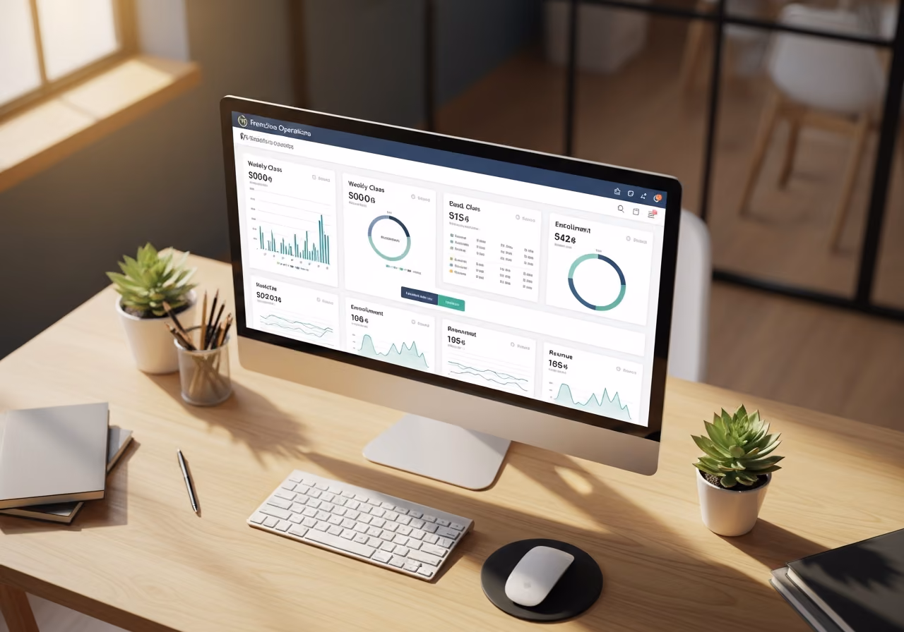 Luftbild eines sauberen Franchise-Betriebs-Dashboards auf einem Desktop-Monitor, das wöchentliche Kurskennzahlen, warmes Bürolicht und keine Gesichter zeigt.
