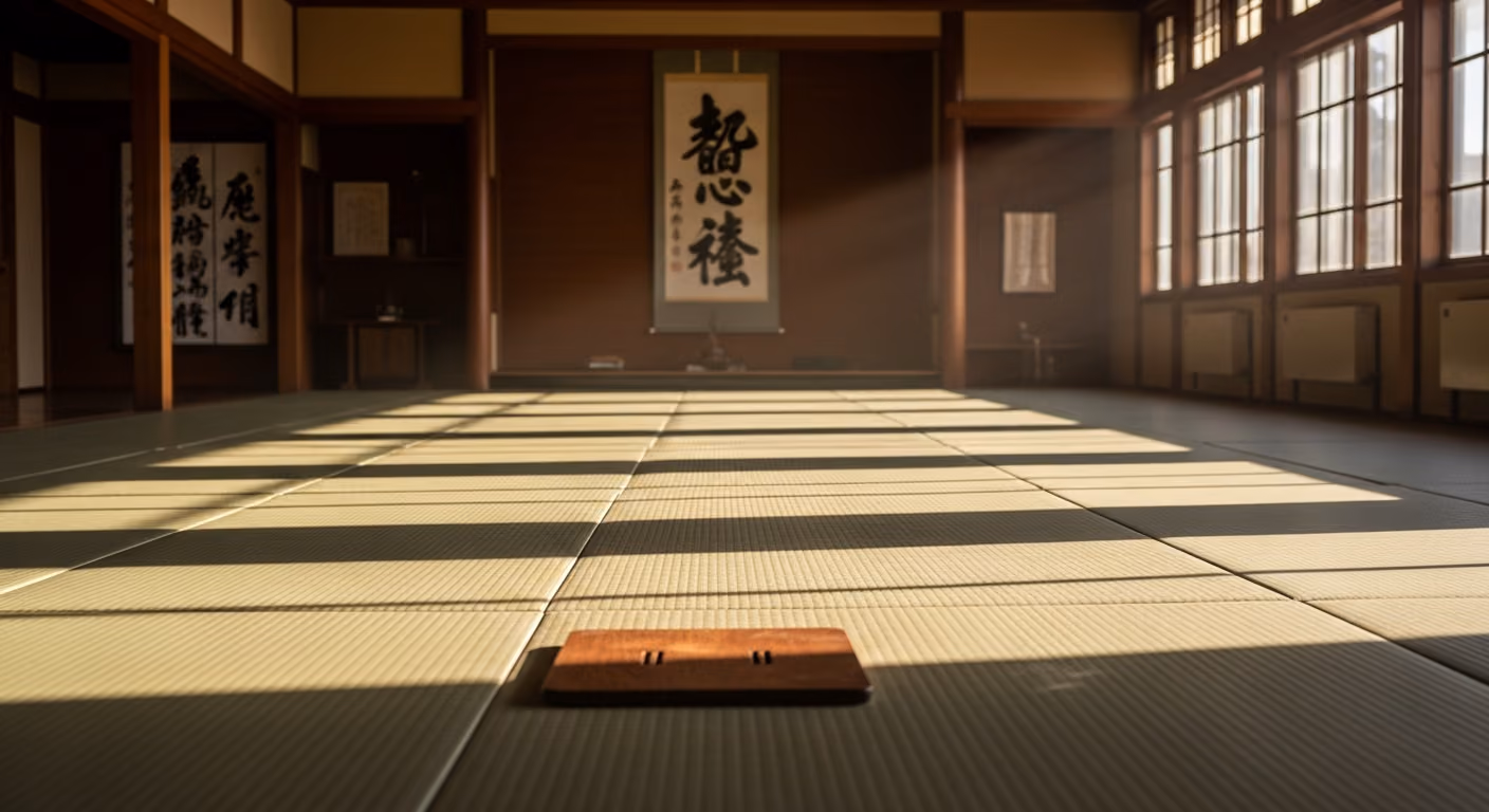 Dojo de aikido tradicional con tatamis, un pergamino con caligrafía en la pared del fondo, una sola tableta sobre la esterilla del instructor y una suave luz de la tarde.