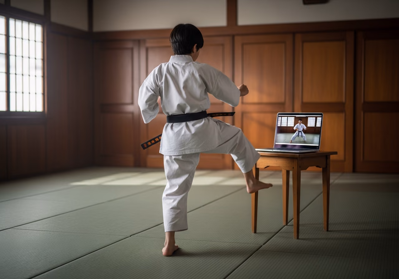 Foto eines Karate-Schülers in traditionellem Dojo-Gi, der vor einem Laptop übt, auf dem eine virtuelle Unterrichtsstunde übertragen wird; weiches natürliches Licht, keine Gesichter.