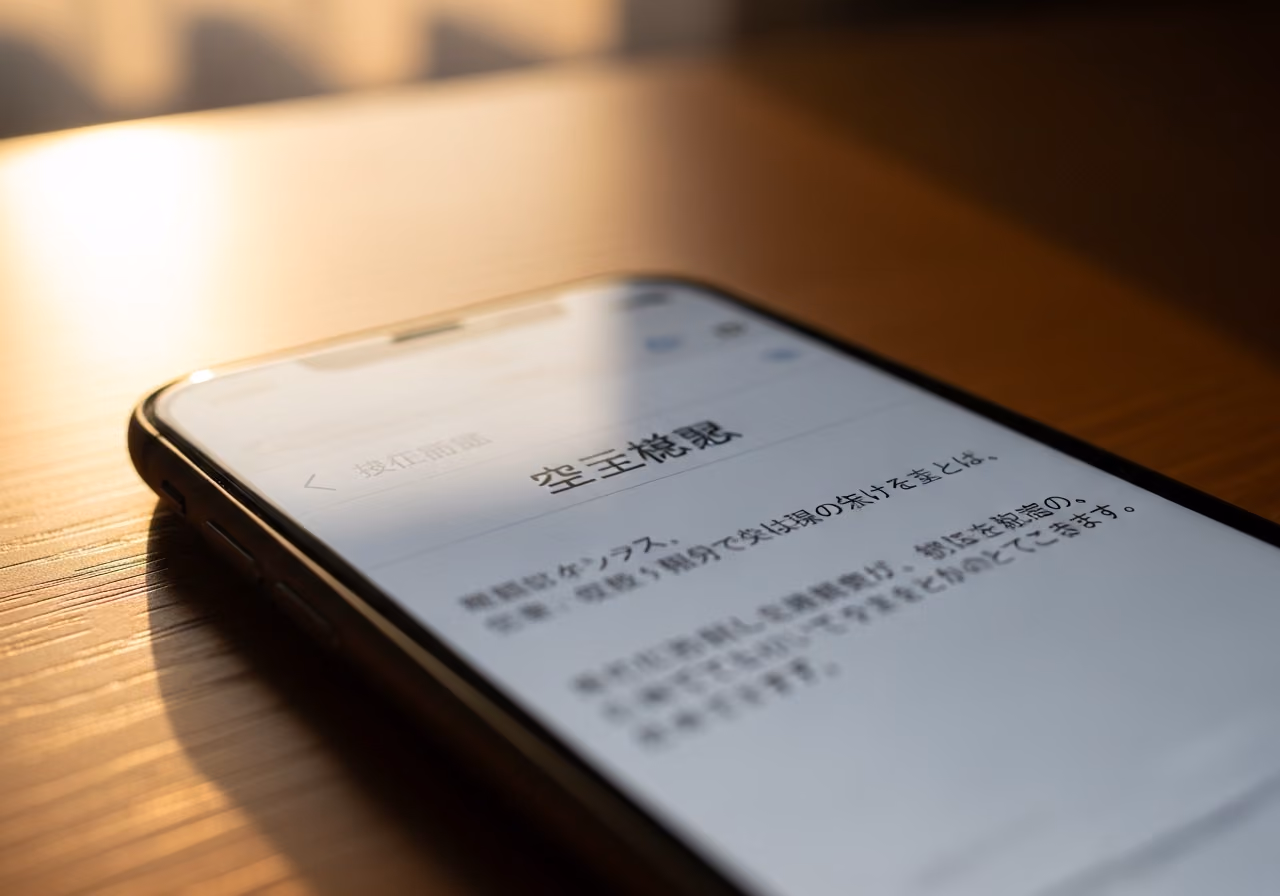 Foto eines Handybildschirms mit einer E-Mail-Erinnerung an eine Unterrichtsstunde in japanischen Schriftzeichen, sanftes Morgenlicht auf einem Schreibtisch, keine Logos.