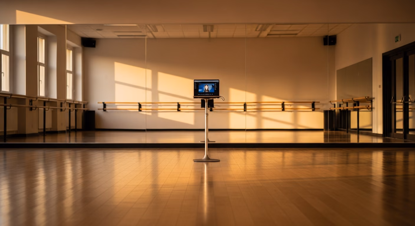 Estudio de danza con pared de espejos, suelo flotante, un ordenador portátil sobre soporte para clases virtuales y luz ambiental cálida.