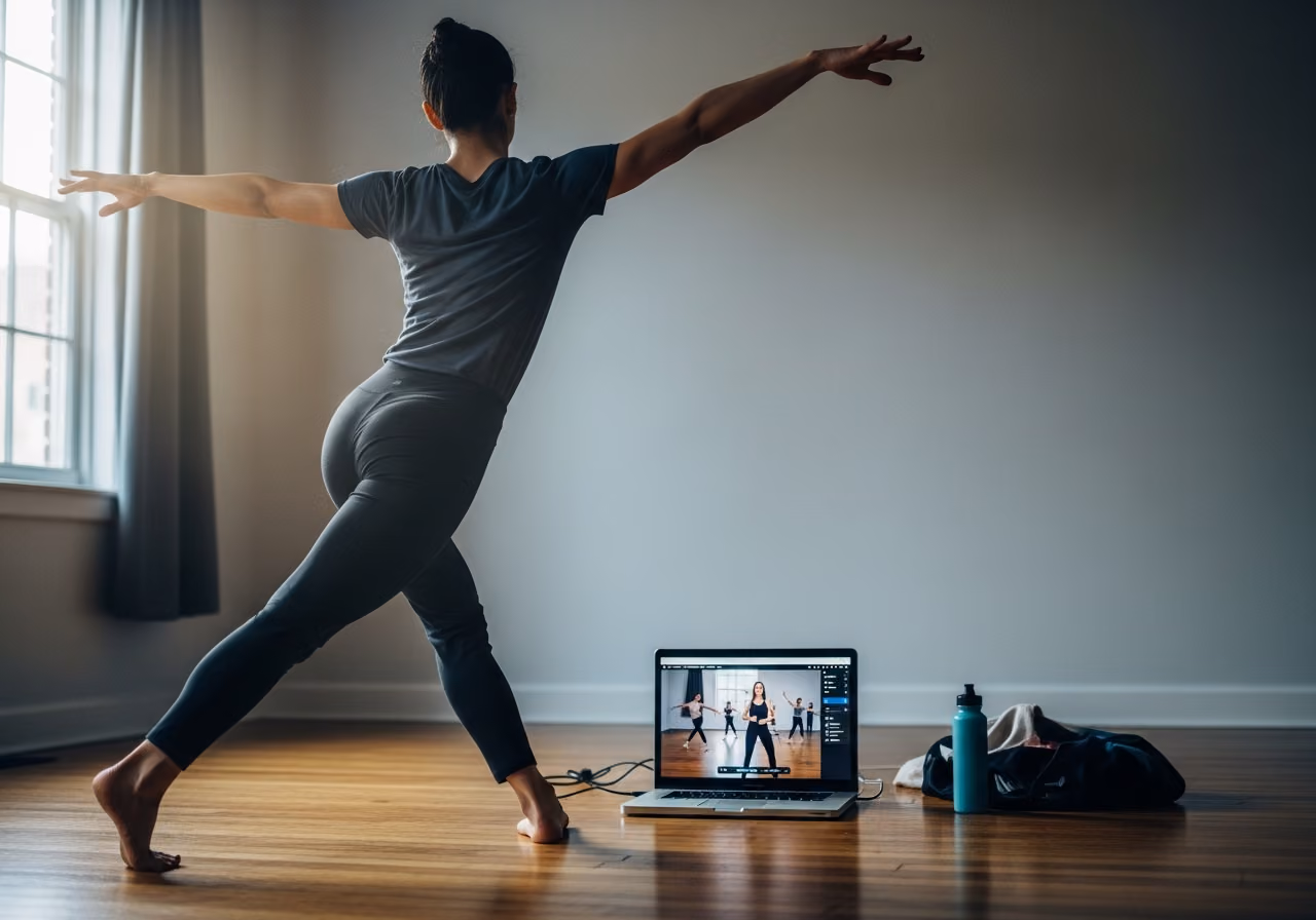 Fotografie einer Tänzerin in ihrem Heimstudio vor einem Laptop, auf dem ein virtueller Kurs läuft, sanftes Fensterlicht, keine Gesichter sichtbar, redaktioneller Stil.