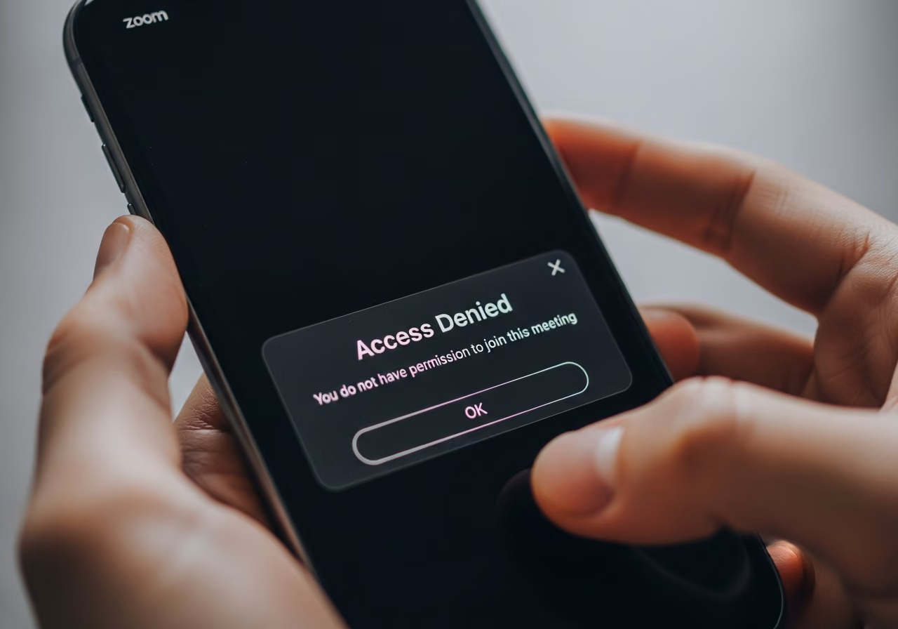 Nahaufnahme eines Smartphone-Bildschirms mit einer Meldung über verweigerten Zoom-Zugriff; Hände halten das Telefon; neutraler Hintergrund; keine Logos.