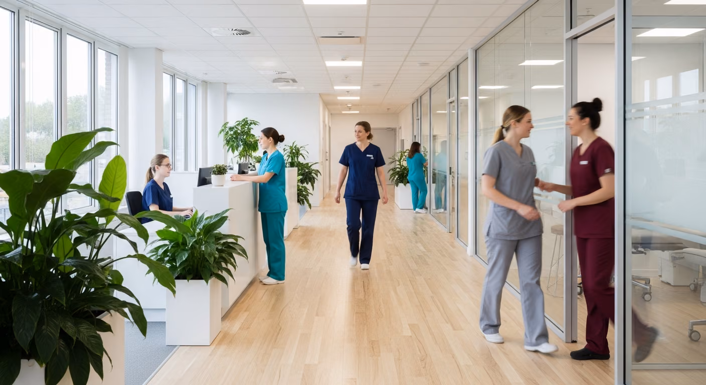 Plano general de la recepción y el pasillo de una clínica multidisciplinar luminosa. Varios profesionales con uniformes de diferentes colores se desplazan entre las salas de tratamiento.