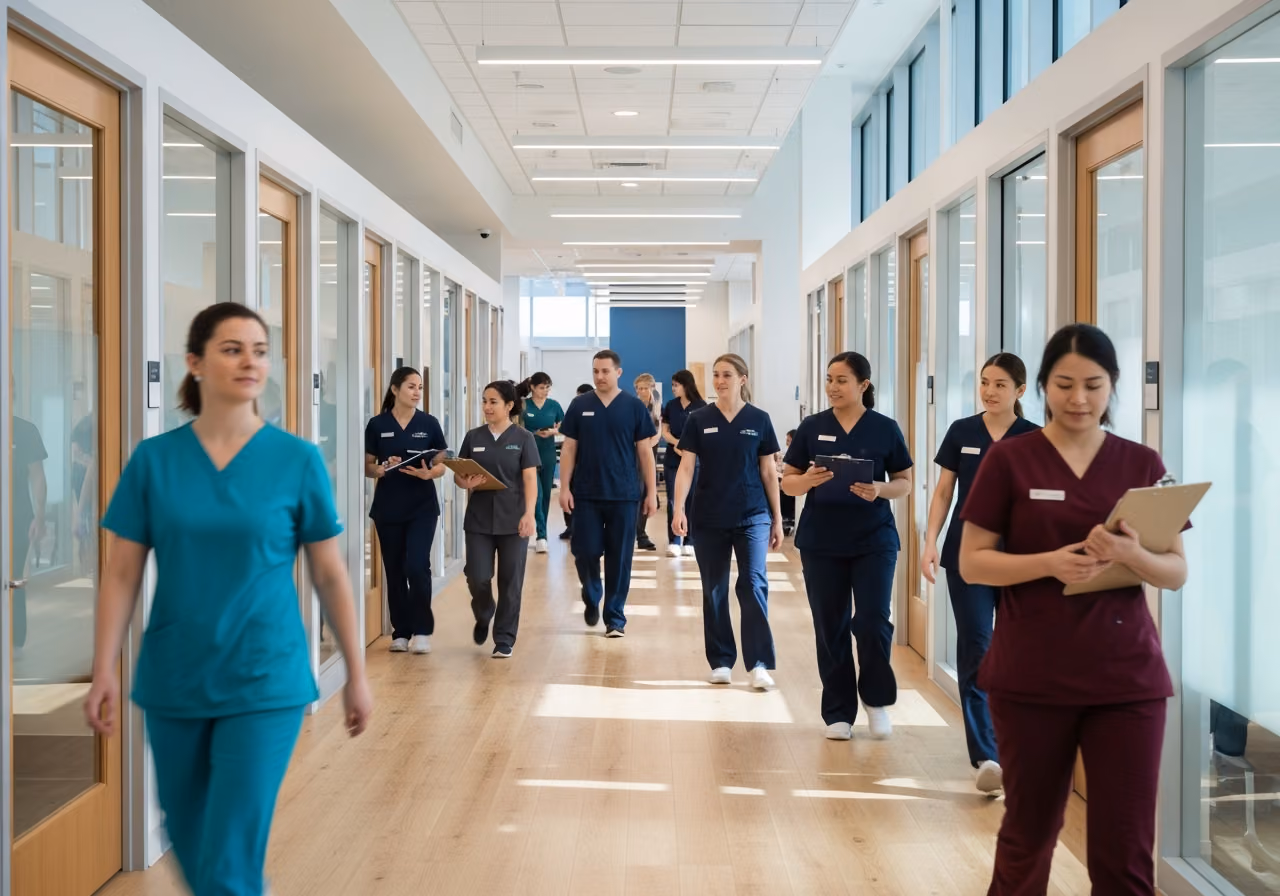 Weitwinkelaufnahme eines belebten, modernen Klinikflurs für Gesundheitsfachberufe mit Ärzten in verschiedenfarbigen Uniformen, die zwischen den Behandlungsräumen umhergehen; heller Holzboden.