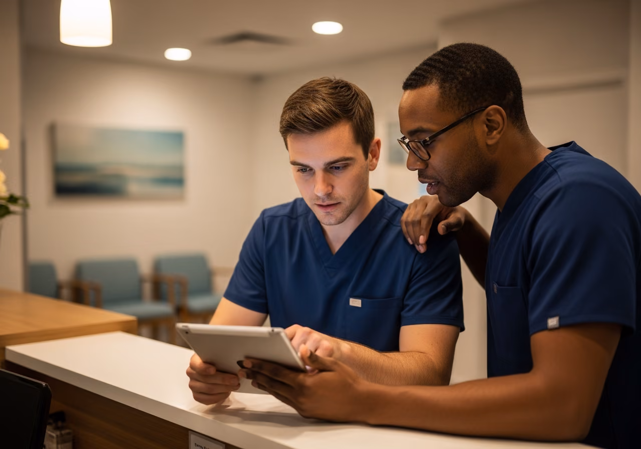 Foto von zwei Ärzten in OP-Kleidung, die an einem Empfangstresen in einer Klinik ein Tablet betrachten; weiches, warmes Deckenlicht; im Hintergrund verschwommener Klinikinnenraum, nicht lesbar.