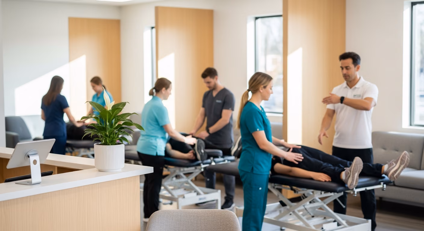 Interior de una clínica moderna de salud integral con varias áreas de tratamiento visibles. Profesionales con uniformes quirúrgicos y polos de diferentes colores atienden a los pacientes.