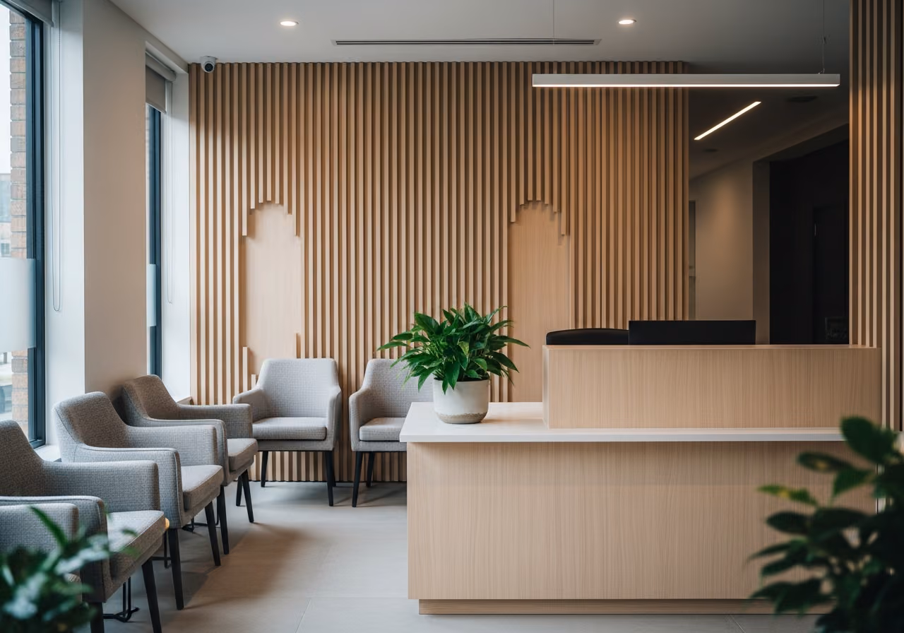 Foto eines modernen Empfangsbereichs einer Klinik für Gesundheitsfachberufe mit hellem Holz, neutralgrauen Polstermöbeln, einer kleinen Pflanze auf dem Schreibtisch, ohne lesbare Beschilderung oder Logos.