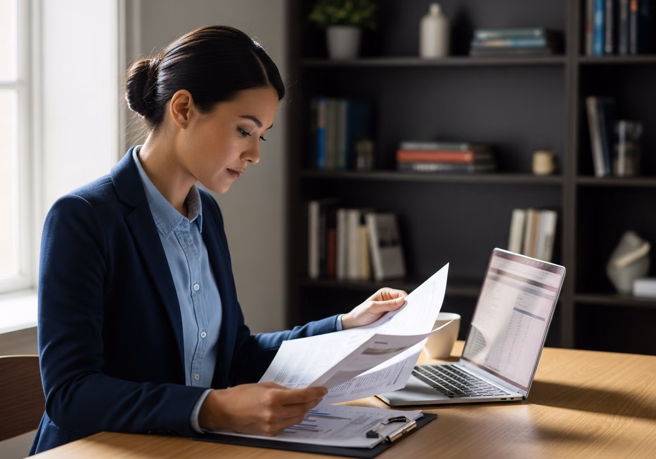 Foto eines Finanzexperten, der an einem aufgeräumten Schreibtisch mit Laptop einen gedruckten Bericht prüft; sanftes, natürliches Bürolicht; kein lesbarer Text oder Logos, verschwommen.