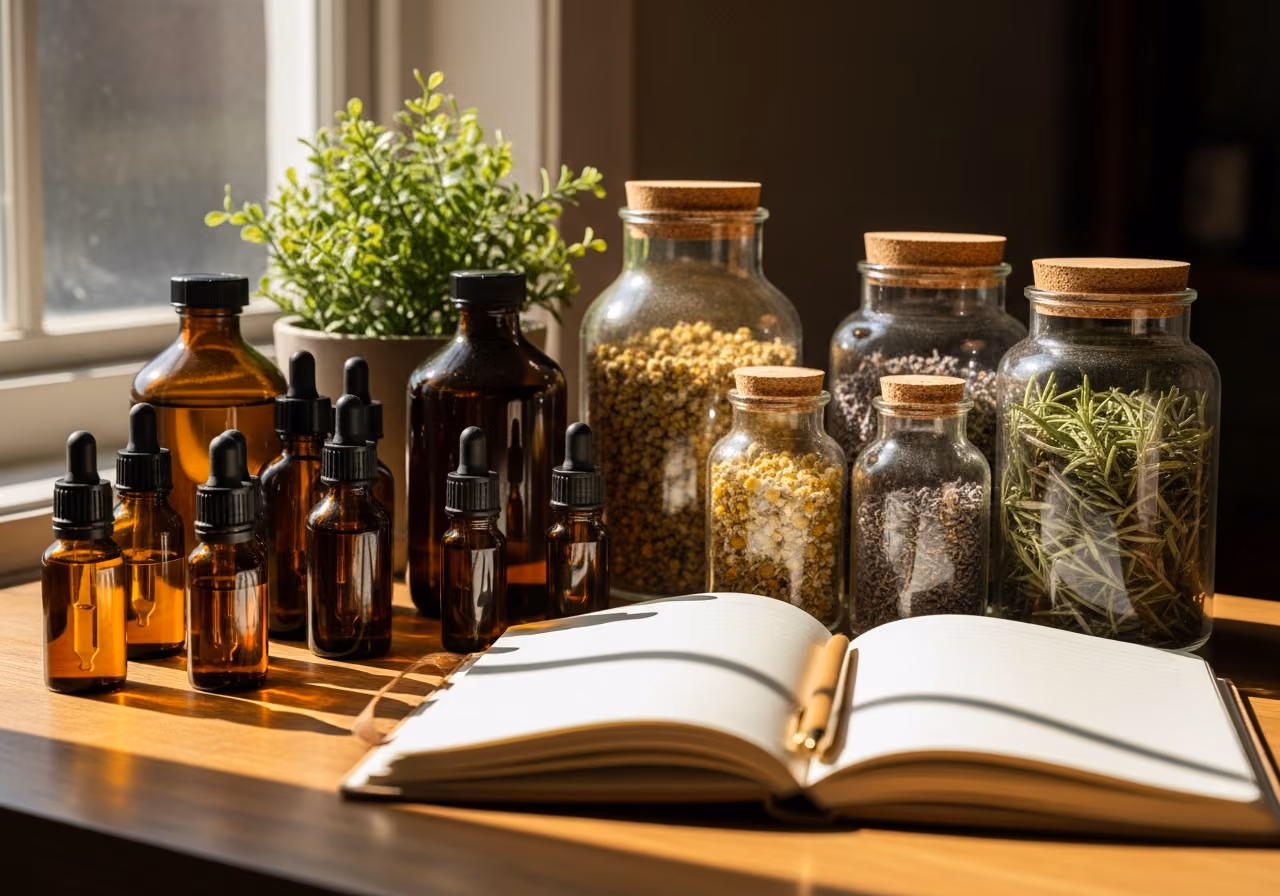 Foto vom Schreibtisch eines Naturheilpraktikers mit bernsteinfarbenen Tinkturflaschen, Glasgefäßen mit getrockneten Kräutern, einem offenen Notizbuch und einer kleinen Topfpflanze, warmes Seitenlicht von a.