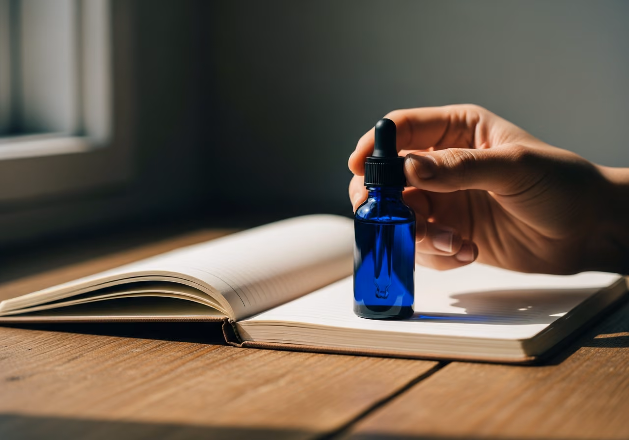 Foto einer Hand, die eine kleine dunkle Glaspipette neben einem Notizbuch auf einer Holzoberfläche hält, sanftes Tageslicht, erdige Töne, kein lesbares Etikett oder Text.