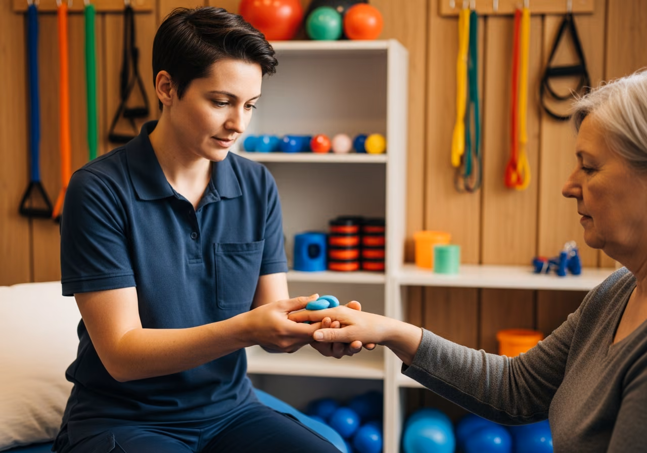 Foto einer Ergotherapeutin, die einen erwachsenen Patienten durch eine Handübung mit Therapieknete führt; im Hintergrund sind Regale mit Ergotherapie-Werkzeugen verschwommen zu sehen, Akzente aus warmem Holz.