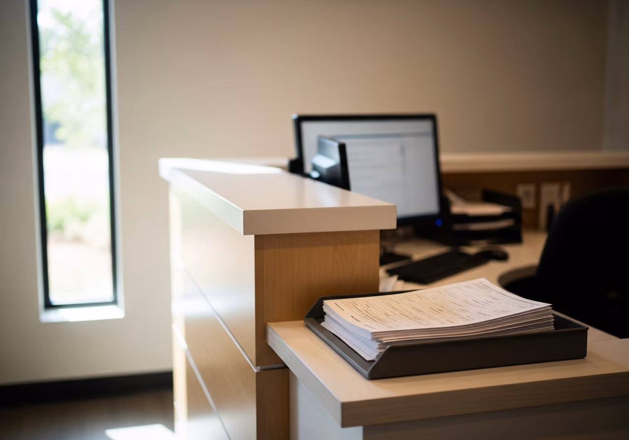 Foto eines Aufnahmebereichs einer Ergotherapie-Klinik mit einem sauberen Empfangstresen, ordentlich abgelegten Überweisungsformularen in einem Tablett, sanftem Tageslicht durch ein hohes Fenster, kein lesbarer Text oder Ähnliches.