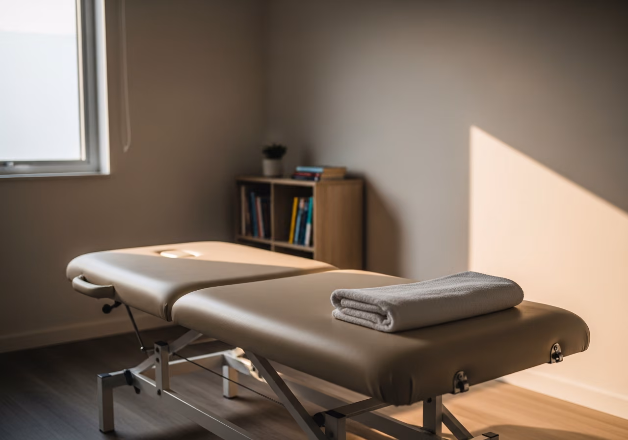 Foto eines leeren osteopathischen Behandlungsraums mit einer niedrigen, gepolsterten Liege und einem gefalteten weißen Handtuch, sanftem, warmem Fensterlicht, neutraler Farbpalette, kleinem Bücherregal unscharf.