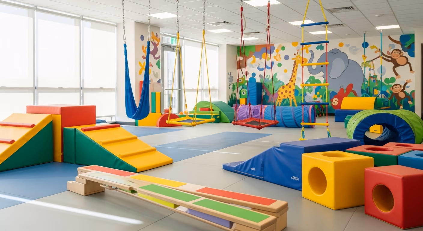 Imagen de un gimnasio de terapia pediátrica con coloridos juegos blandos, una pequeña viga de equilibrio, columpios terapéuticos suspendidos (borrosos) y brillantes murales en las paredes. A.