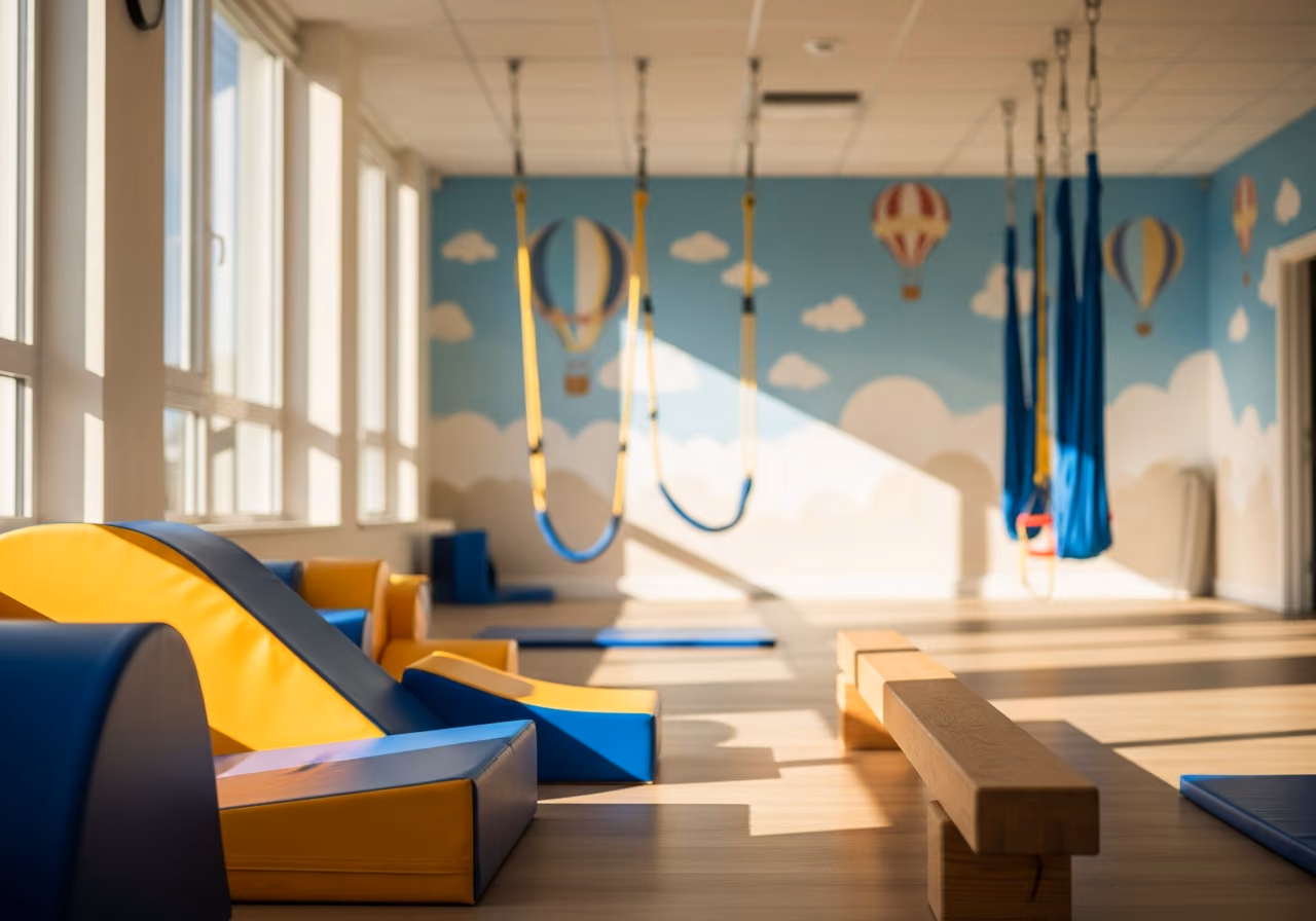 Foto einer Therapiehalle für Kinder mit weichen Spielgeräten, Balancierbalken und hängenden Therapieschaukeln im Hintergrund, helles, fröhliches Wandbild.