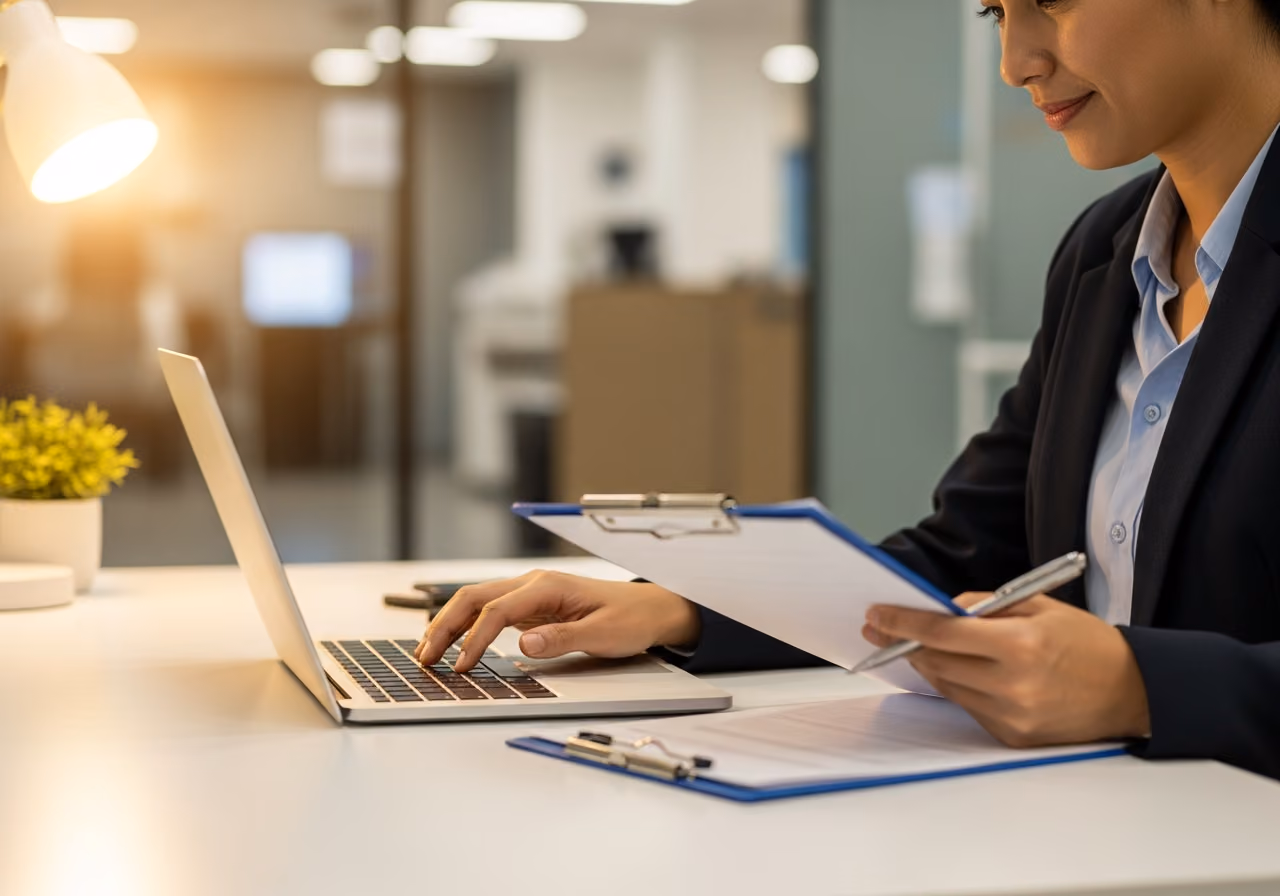 Foto einer Pflegekoordinatorin, die an einem sauberen Schreibtisch mit Laptop und Klemmbrett arbeitet, sanftes, warmes Bürolicht, verschwommene Klinik im Hintergrund, nicht lesbar.