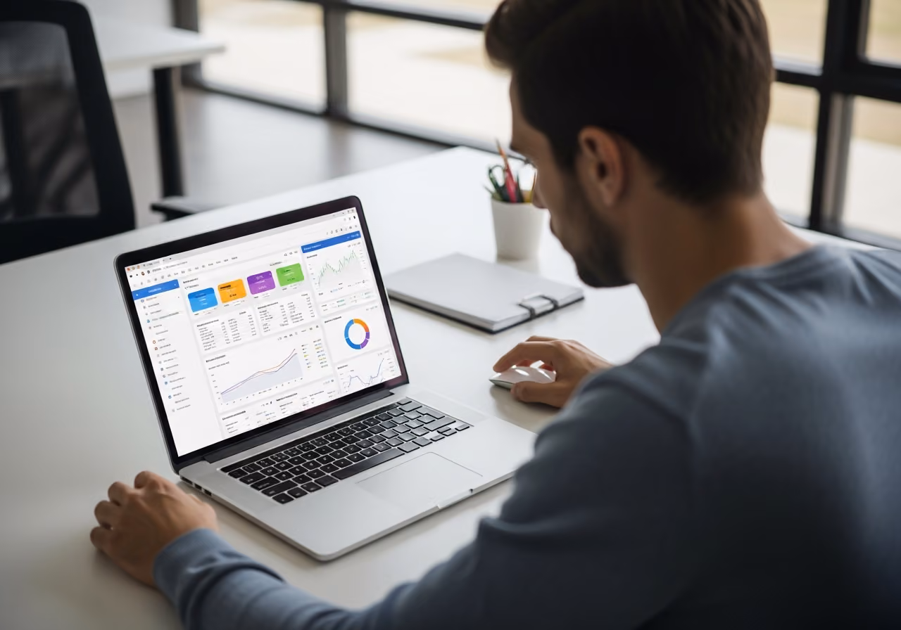 Blick über die Schulter eines Marketingmitarbeiters an einem Schreibtisch, der auf einem Laptop ein Dashboard zur Leistungsanalyse einer Werbekampagne überprüft; sanftes Tageslicht, verschwommene Büropflanzen, nicht lesbar.