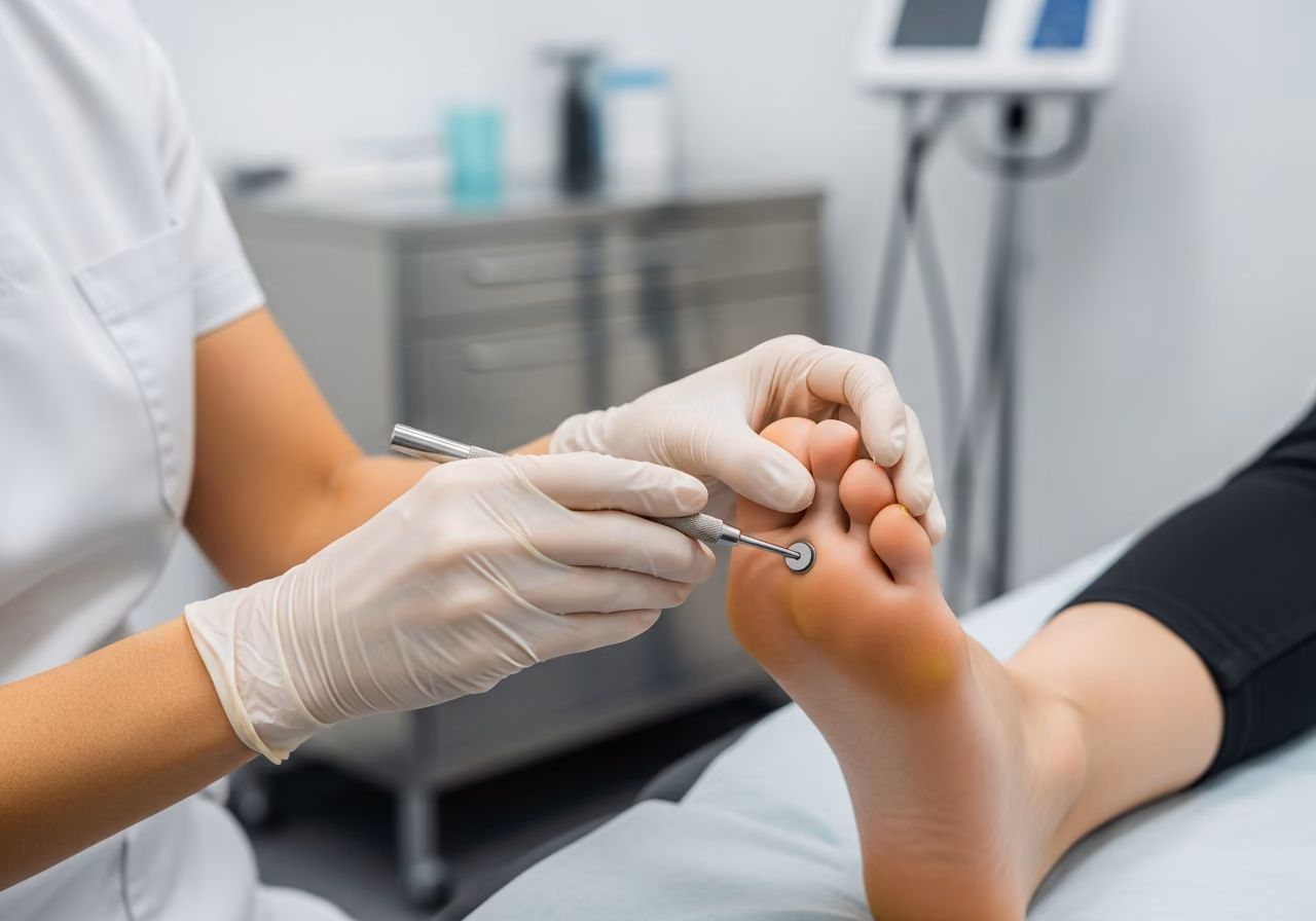 Närbild på en fotvårdsspecialists handskbeklädda händer som undersöker en patients fot med ett litet bedömningsverktyg, modernt behandlingsrum med suddigt skåp i rostfritt stål.