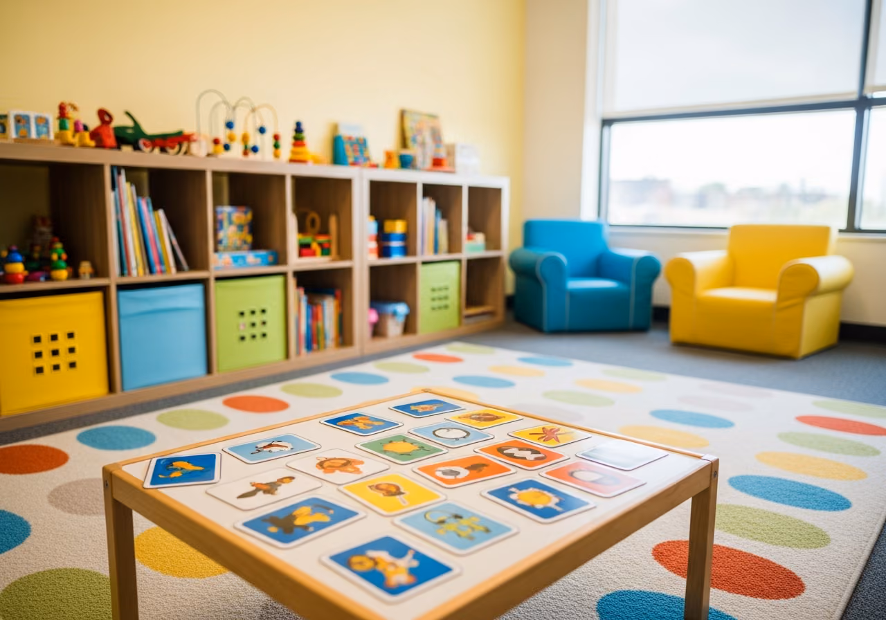 Foto eines farbenfrohen Therapieraums für Kinder mit Bildkarten auf einem kleinen Tisch, weichem Teppich, niedrigen Bücherregalen, großem Fenster mit Tageslicht, warmen, freundlichen Farbtönen, Nr.