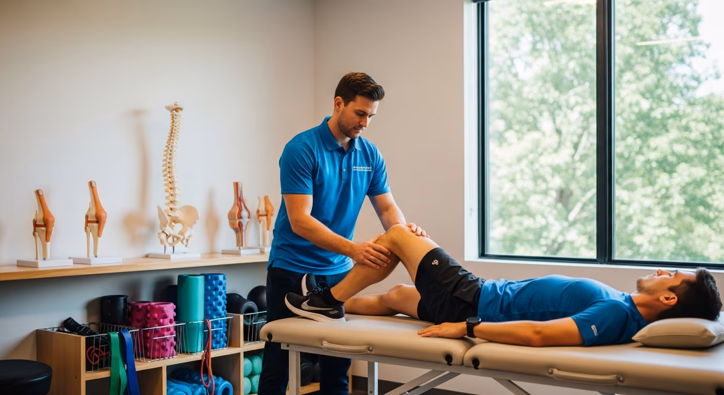 Imagen de un médico especialista en medicina deportiva con una camisa polo evaluando la rodilla de un corredor en una mesa de tratamiento. Entorno clínico moderno con modelos anatómicos en una mesa.