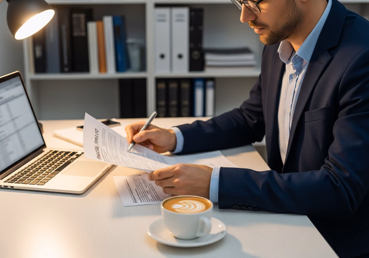 Foto av en finansexpert som granskar en utskriven prognos vid ett rent skrivbord med en bärbar dator och kaffe, mjuk varm kontorsbelysning, suddig bokhylla i rummet.