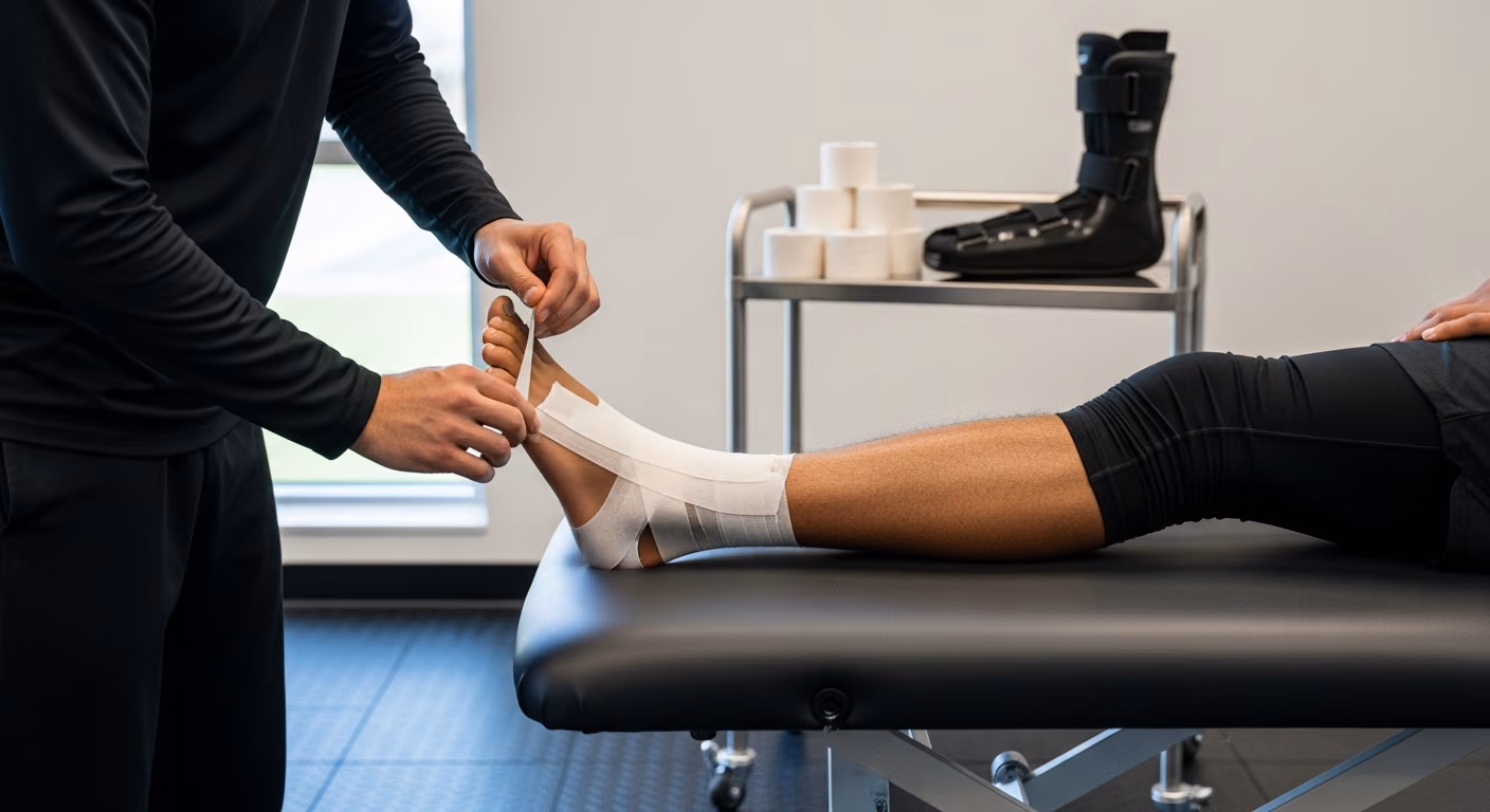 Imagen de un médico deportivo vendando el tobillo de un atleta profesional en un centro de alto rendimiento. Sala de tratamiento moderna e impecable, vendaje deportivo.