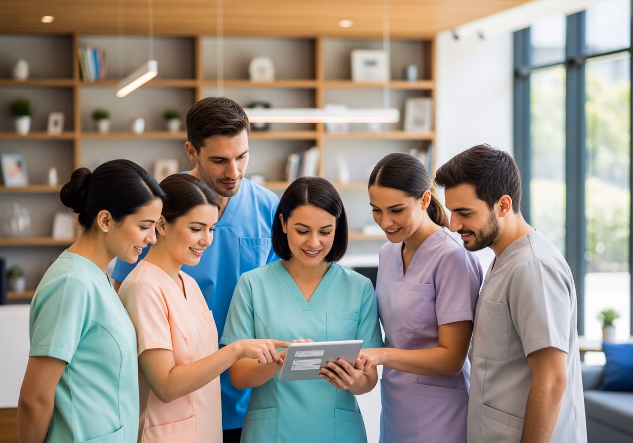 Foto eines Klinikteams in pastellfarbenen Uniformen, das sich in einem hellen Empfangsbereich um ein Tablet versammelt hat; im Hintergrund ist ein verschwommenes Bücherregal zu sehen; warmes Tageslicht; kein lesbarer Text.