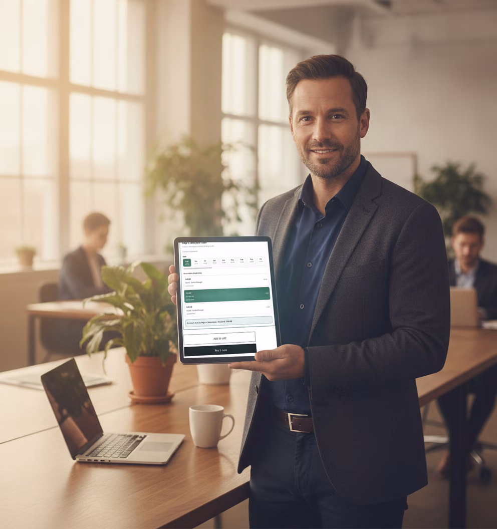 A professional holding a tablet that shows the ShopConnect booking widget: live class times and a Buy it now button.