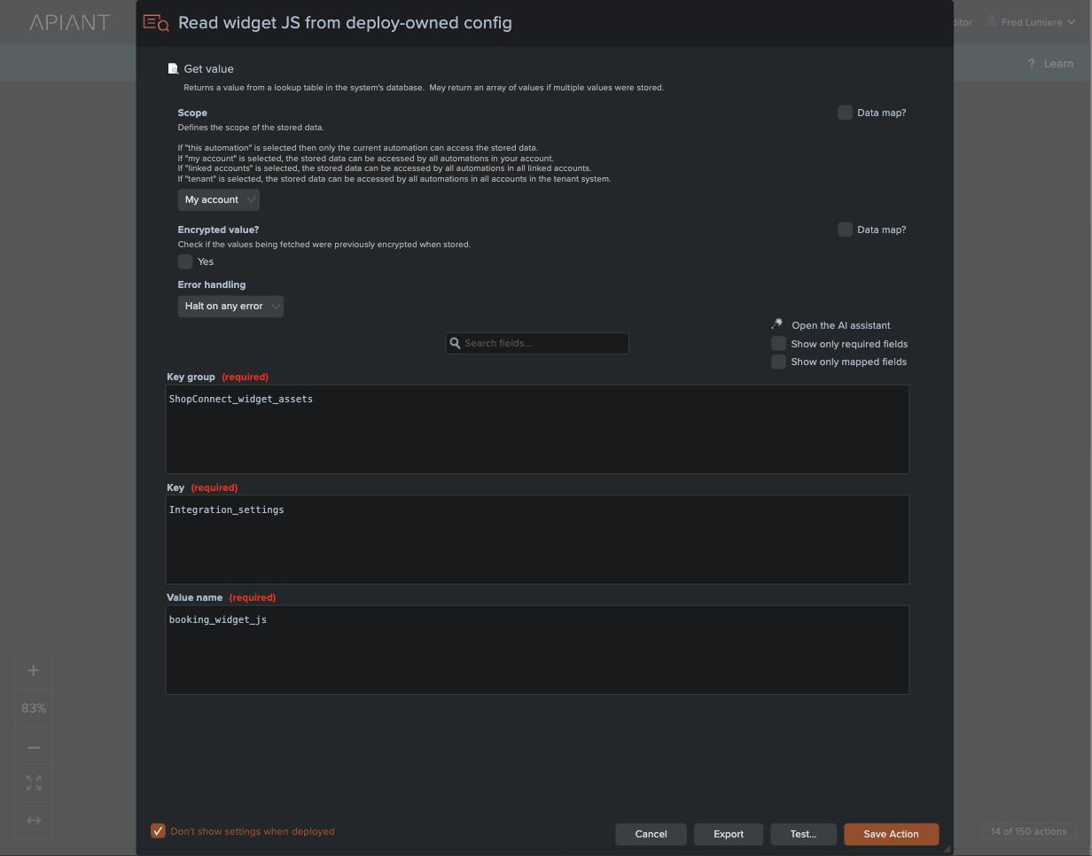 An action's settings panel, a configurable, reusable building block.