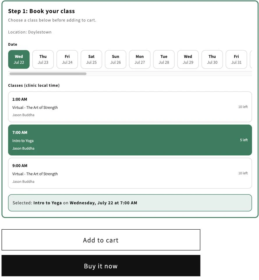 The ShopConnect booking widget on a Shopify product page: choose a location, a day, and a live class time, then buy it now.