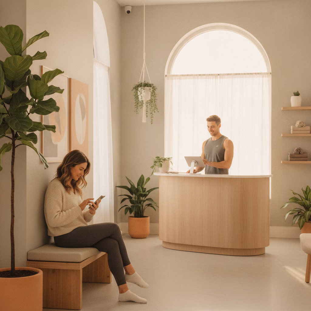 Split scene: a studio floor on one side, a clean online store booking screen on the other, joined by warm light.