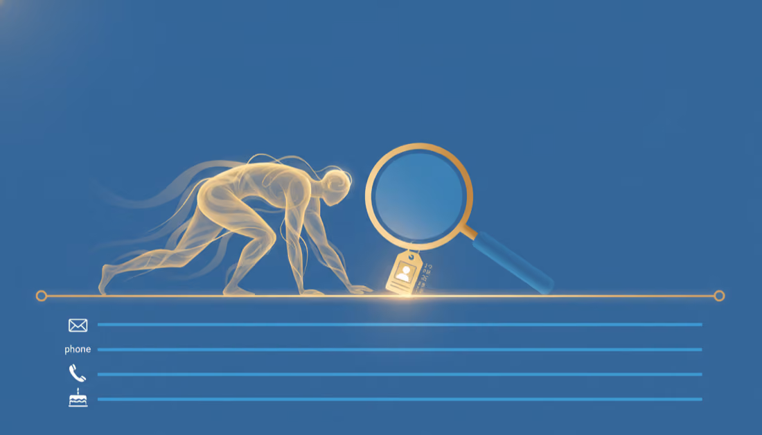 Forensic timeline: an AI examines a record's history, one name tag flips while email, phone, and birthday run unchanged