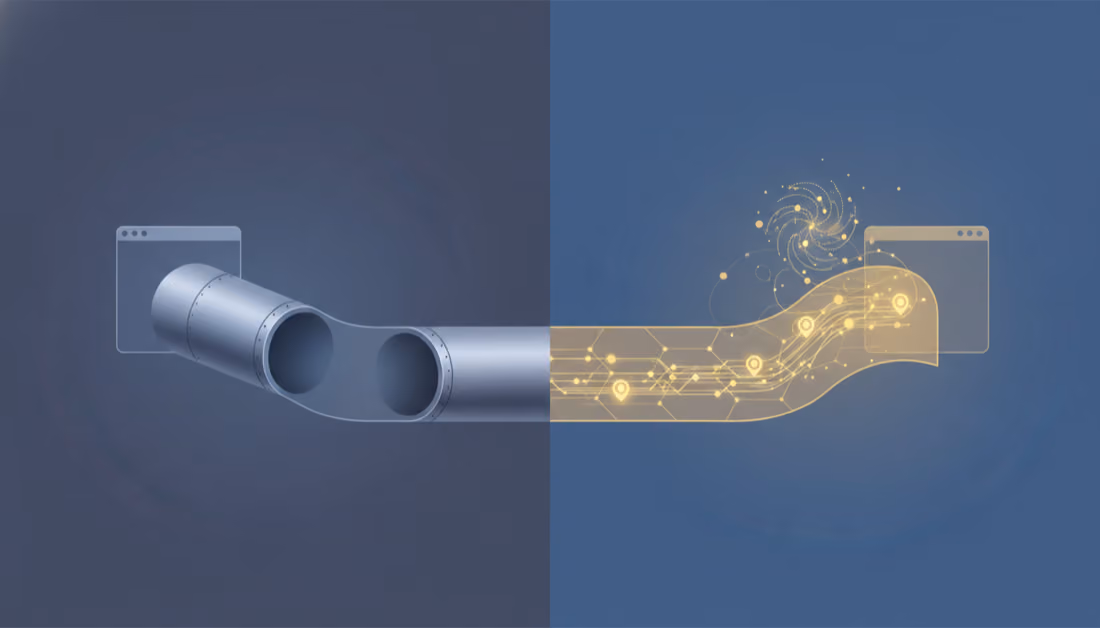 Pipe versus infrastructure: a hollow pipe that forgets next to a glowing platform with a full recorded timeline