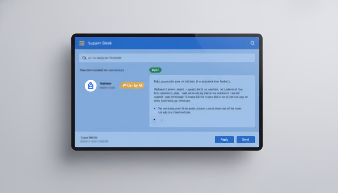The AI-written support reply, anonymized, shown in a help-desk ticket interface with a "Written by AI" badge